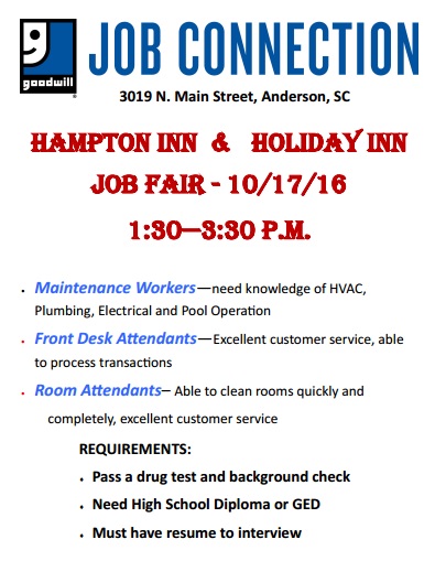 Hampton Inn And Holiday Inn Job Fair On Oct 17 Powdersville Sc